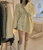 Work Dresses Winter Korean Chic Sweet Sweater Coat V-neck Lazy Retro Knitted Cardigan Sling Short Sexy Dress Two Piece Set Women Outfits