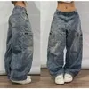 Kvinnors jeans 2024 Retro Zeep High Street Hip-Hop Baggy Y2K Harajuku Gothic midja bär byxor kläder