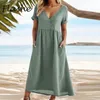 Summer Casual Long Dres V Neck Short Sleeve Button Party Dresses for Women Fashion Maxi Boho 240326