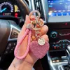 Keychains Lanyards Clay diamond full diamond love key chain studded leather rope cross-border heart-shaped car key chain female exquisite pendant. J240330