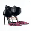 Модельные туфли, пикантные леопардовые, с острым носком, на высоком каблуке с большим ремешком на щиколотке, черные кожаные женские сапоги в стиле пэчворк со специальным вырезом