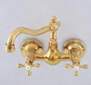 Bathroom Sink Faucets Golden Brass Dual Handle Double Hole Faucet Wall Mounted Swivel Kitchen Cold And Water Mixer Tap 2sf617