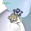 Кольца кластера SANTUZZA, серебро для женщин, стерлингового серебра 925 пробы, сверкающие синие, зеленые камни, двойной цветок, стильные специальные модные ювелирные украшения