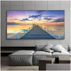 Gemälde Alte Holzbrücke Poster Leinwand Malerei Wandkunst Bilder für Wohnzimmer Meer See Landschaft Drucke Himmel Sonnenuntergang Modernes Zuhause Dezember DHNSS