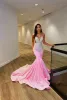 New Pink Mermaid Prom Dresses Sexy Sheer Jewel Neck Sequins Beads Crystals Backless Long Evening Gowns Vestidos de bal for Black Girls BC18393 0401