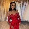 Red Satin Evening Dress Off The Shoulder Long Sleeves Pleat With High Slit Prom Gowns Sexy Sheath Formal Party Dresses