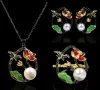 Kettingen 3 stks/set bohemia sieraden set dames vlinderbloem zwart goud oorbellen hanger ketting ringen zoetwater parel sieraden set