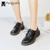 Oxfords British Artificial Leather Flats Shoes Woman LaceUp Bullock Casual Derby Shoes Rivets Sewing Loafers Women Round Toe Creepers