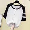 Women's Knits Summer Round Neck Fashion Short Sleeve T-Shirts Women Casual Striped Cardigan Loose Button Elegant All-match Tops