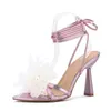 Robe chaussures nouvelle mode perle fleur femmes bride à la cheville sandales sexy orteil croix liée talons hauts chaussures de bal de mariage violet argent h240401khis