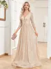 Lucyinlove Luxe V-hals Lange Mouwen Blauw Pailletten Avondjurk Vrouwen Bruiloft Prom Maxi Cocktailjurken 240401