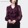 Blusas femininas 2024 primavera verão feminino manga longa lanterna com decote em v laço roxo topo gancho flor oco camisas vintage casual senhoras