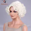 Syntetyczne peruki pomocne Blondynka Blondynka Krótka, kręcona peruka z grzywką Atrakcyjną pełną perukę dla kobiet i dziewcząt Y240401