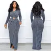 Work Dresses Filigree Stripe African For Women Elegant Long Bodycon Dress Sexy V-neck High Slit Robe Femme Clothes