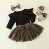 Kleidungssets Säuglingsbabys Mädchen Geborene Kleidung Freizeitkleid Kurzarm Strampler Leopardenmuster Mesh Röcke Stirnband Outfits