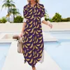 Robes décontractées Robe d'impression de banane jaune violet élégant sexy col en V mignon en mousseline de soie à manches longues vêtements grande taille