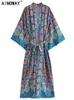 Винтажное шикарное женское богемное кимоно с разноцветным цветочным принтом, женское кимоно с v-образным вырезом и рукавами «летучая мышь», платье макси в стиле бохо, накидки на бикини