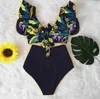 Damen-Bademode Damen-Bandage-Bikini-Set mit hoher Taille und plissierten Kanten mit Blumendruck, Push-up-Schultergurte, brasilianischer Biquini-Badeanzug J240330