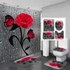 Cortinas de ducha 4 PCS Conjunto de cortina de baño Conjuntos de día de San Valentín de rosa roja con alfombras (alfombra de baño en forma de U