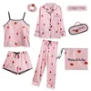 Cinta pijamas pijamas das mulheres 7 peças rosa pijamas conjuntos de cetim seda lingerie homewear conjunto pijamas para mulher 240321