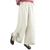 女性用パンツルーズフィットレトロなチャイニーズスタイルのワイドレッグパンツ女性用のポケット付き弾性ウエストデザインワイドレッグ