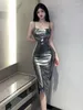 Casual Kleider WOMENGAGA Sexy Spicy Girl Silber Helle Open Back Strap Kleid Elegante Mode Süße Koreanische Frauen Tops 2024 4YA5