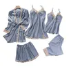 Sexy Pyjamas 5 Pieces Pajamas Set Women Kimono Gown Satin Silk Sleepwear Casual Nightwear Intimate Lingerie With Lace Sexy Bathrobe Pyjamas 240330