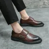 Casual Shoes Fashion Men Split Leather Loafers Monk Hook Loop Black Slip On Flats Man Driving Size 38-46