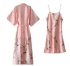 Sexy Pyjamas Sexy Nightwear Gown Set Women 2PC Pyjama V-Neck Pajamas Silky Sleepwear Spring Lady Sleep Suit Robe Wear Home Negligee Homewear 240330