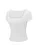 Women's T Shirts 2024 Summer Ruched Croped Tops Solid Color Short Sleeve Square Neck Slim Show Navel T-shirt