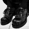 Sıradan ayakkabılar erkekler deri tıknaz platform retro çalışma siyah dantel up moda derbi alçak üst düz flats ayakkabı