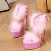 Jurk Schoenen Pluizige Veren Enkelbandje Platform Sandalen Vrouwen Elegante Bruiloft Banket Schoenen Sexy Open Teen Extreme Dunne Hoge Hakken H240401