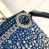 Markentasche, Designer-Umhängetasche, Mini-Loco-Denim-Handtasche, modische Tragetasche, Luxus-Lederimitat, Kristallperlen-Umhängetasche, blaue Mädchen-Clutch-Tasche, Beuteltasche, zwei Größen