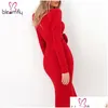 Basic Casual Dresses Y Women Bodycon Midi Dress Long Puff Sleeve Deep V Neck Bow Pencil Buttons Skinny Elegant For Office Ladies Drop Dhger