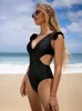 Mulheres Swimwear Peachtan sexy com decote em V maiô de uma peça para mulheres 2024 maiô preto estilo de maiô coreano plissado terno de praia para mulheres maiô J240330