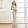 YIDINGZS femmes perles robe longue bal col en V profond argent paillettes soirée Sexy fête Maxi 240401