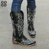 Stiefel Gogd Neue Midcalf Western Stiefel Mode Frauen gestickt Cowboy Cowgirl Stiefel spitzte Zehen dicke Heels Midcalf Reitstiefel