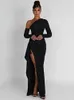 Mozision Oblique Shoulder Thigh High Split Maxi Dres Long Sleeve Backless Bodycon Sexy Club Party Dress Vestidos 240323