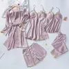 Sexy Pyjamas 5 Pieces Pajamas Set Women Kimono Gown Satin Silk Sleepwear Casual Nightwear Intimate Lingerie With Lace Sexy Bathrobe Pyjamas 240330