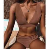 Mulheres Swimwear Sexy Sólido Bikini Set 2024 Womens Suspenser Push Up Swimsuit Manga Curta Flip Over Dress com Maiô em forma de T Biquini J240330