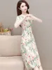 Party Dresses Vintage Print Qipao Dress 2024 Summer Fashion Slim Short Sleeve A-Line Chiffon Long Chinese Style Cheongsam Robe Femme