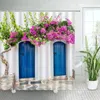 Cortinas de ducha Calle Flor Floral Planta Azul Puerta de madera Retro Ladrillo Pared Ventana Jardín Escénico Colgante Cortina Decoración de baño