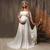 Slash Neck Boho Maternity Po Shoot Long Dresses Jersey Ruffles Lace Pography Maxi Gown 240326