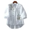 Blouses Femmes Mode Femmes Rétro Broderie Fleurs Motif Chemise Tops Col Montant Boutons Col V Demi Placket Manches 3/4 Lâche