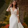 V Neck Tule Overskirts Mermaid Trouwjurken met half illusie mouwen kanten Appliqued Boho Beach Bridal Troogs Elegant Satin Sexy Open Back Robes de Marie YD