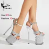 Women Platform Sandals 20 cm Super High Steel Pole Dance Shoes Fashion Sequin Heels Nightclub Summer Transparent Woman Shoe 240327