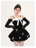 Arbetsklänningar Spring Autumn 2 Piece Set Crop Top Coat Vintage Y2K Bow Tie Mini Dress Woman Short Party Elegant Fashion Female