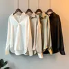 Blusas femininas primavera moda botão cetim camisa de seda estilo hong kong retro branco topo manga comprida solta rua