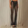 Calças femininas Mulheres Sexy Sheer Flower Lace Flared Pant Nightclub Plissado Perna Larga Leggings