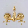 Bathroom Sink Faucets Golden Brass Dual Handle Double Hole Faucet Wall Mounted Swivel Kitchen Cold And Water Mixer Tap 2sf617